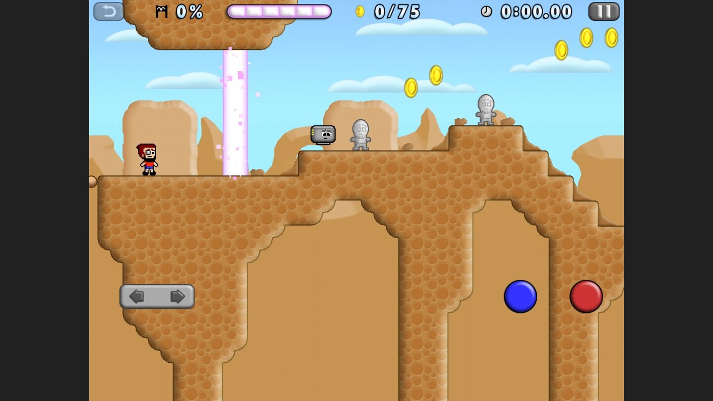 Mikey Shorts (Fast) das ganze Spiel auf einen Blick: Gegner, Statuen, Münzen.