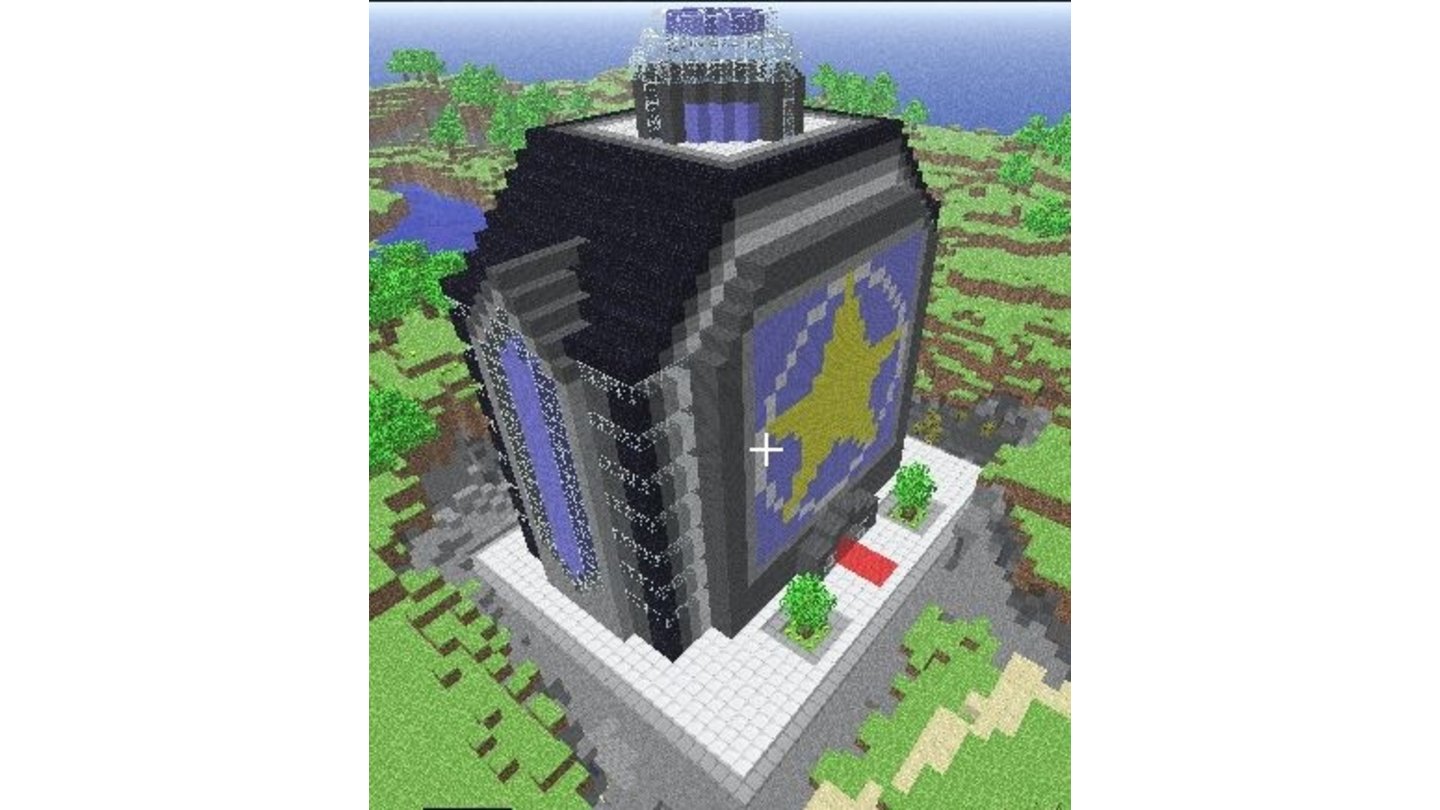 Minecraft - Interaktiv-WettbewerbJasmin Schillings Redaktionsgebäude bietet eine einladende Glasfront. Besucher empfängt ein edles Backsteinlogo.