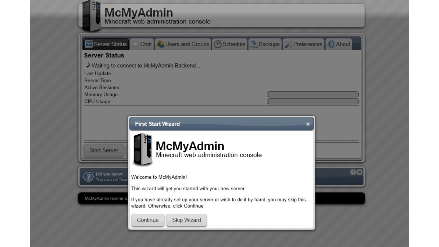 Minecraft - MCMyAdminMithilfe von MCMyAdmin können Sie von überall her durch ein Webinterface auf Ihren Server zugreifen. Sehr nützlich, wenn Sie im Problemfall gerade mal nicht zuhause sind.