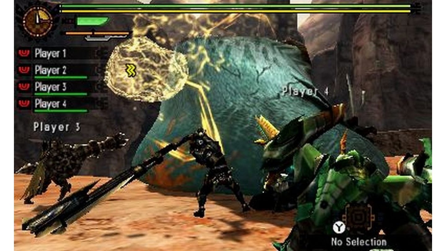 Monster Hunter 4 UltimateGegen die geballte Kraft von vier Jägern kann auch ein Zamtrios nichts mehr ausrichten.