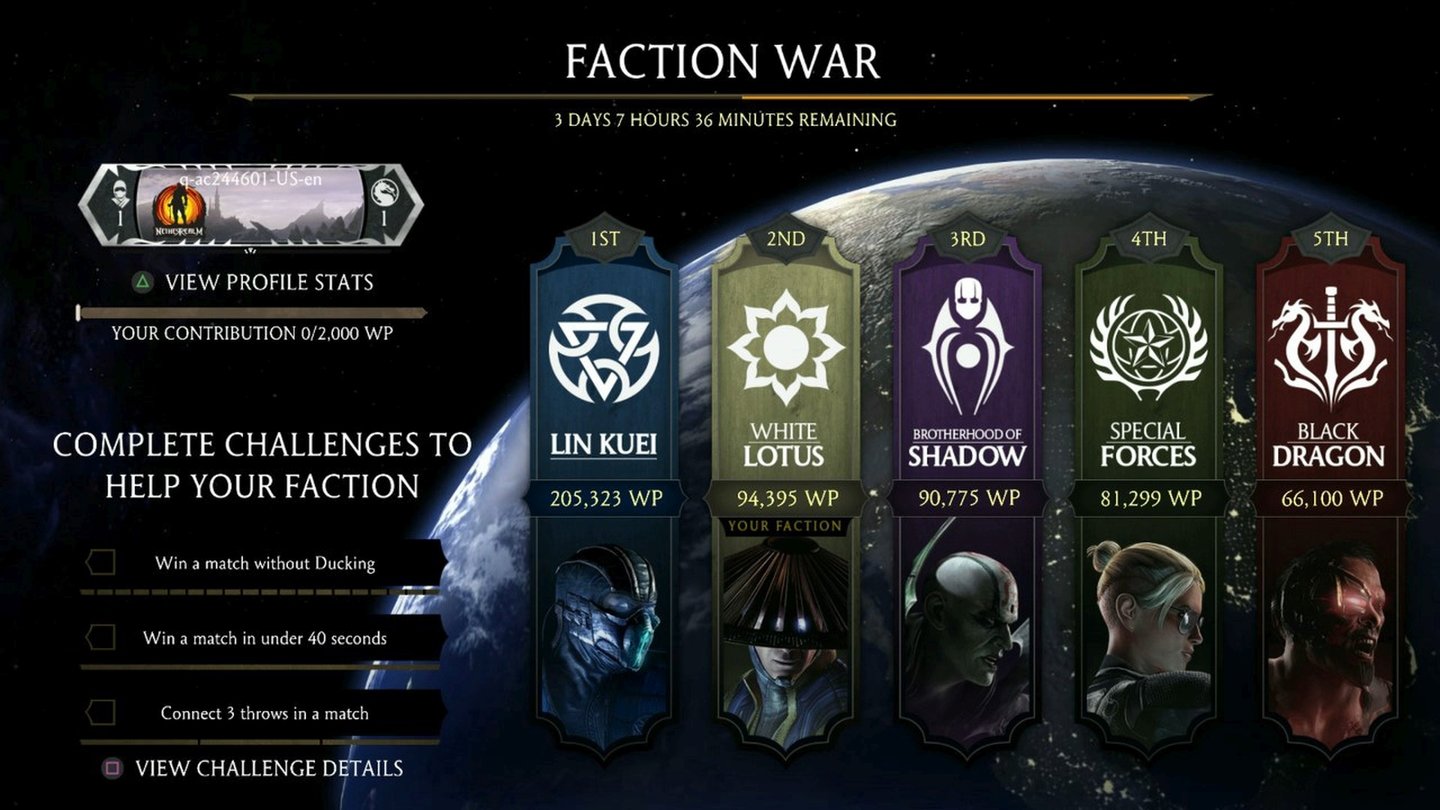 Mortal Kombat XIm Faction War sammeln Spieler Punkte für ihre Gruppierung, um am Ende jeder Woche einen Gewinner zu ermitteln.