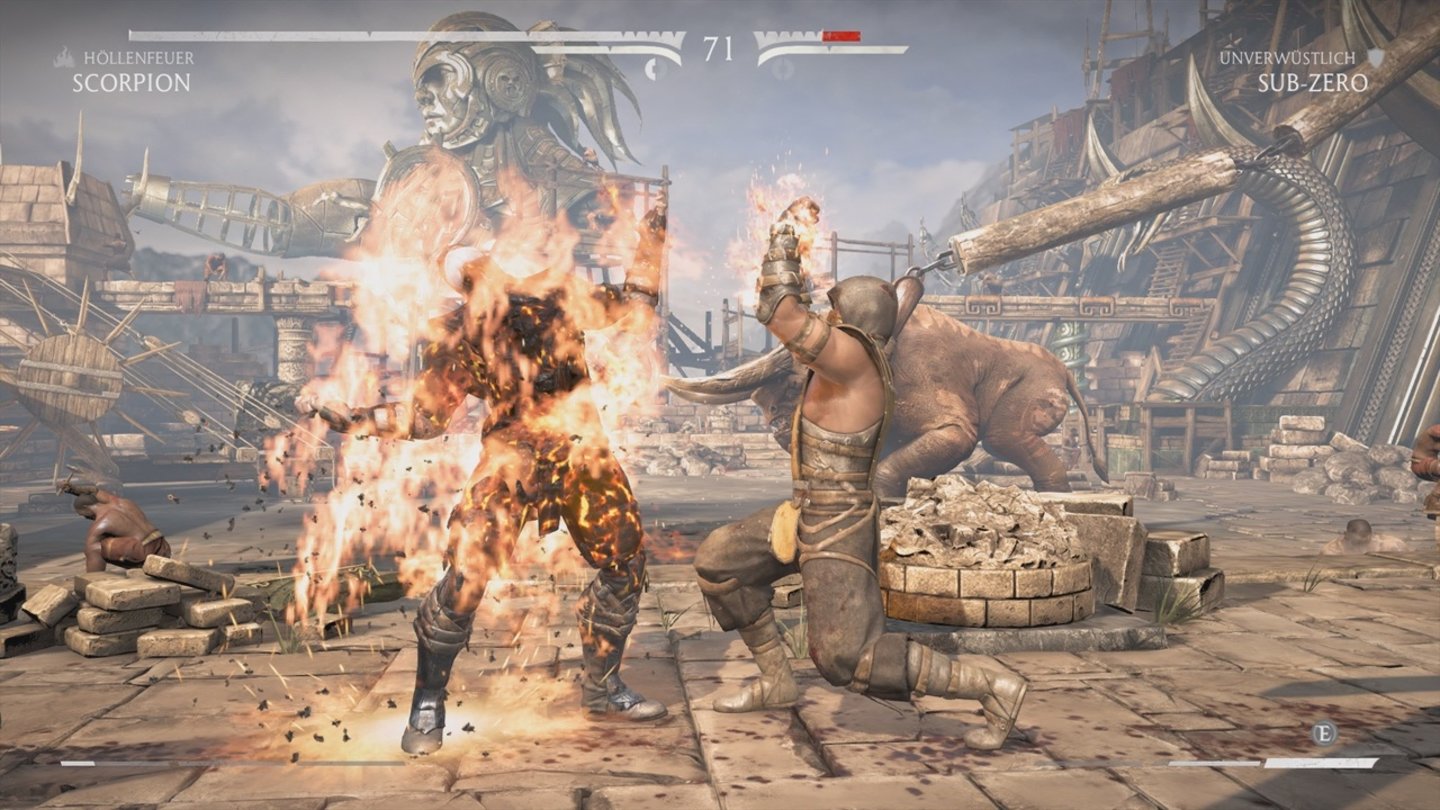 Mortal Kombat XScorpion, der Zombieninja aus der Hölle, heizt seinem Gegner ordentlich ein.