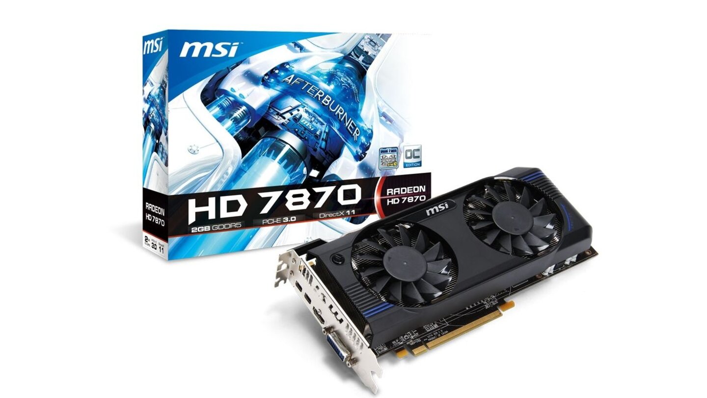 Der Chiptakt der MSI Radeon HD 7870 OC ist auf 1.050 MHz erhöht, der Speichertakt gegenüber dem Referenzdesign unverändert.