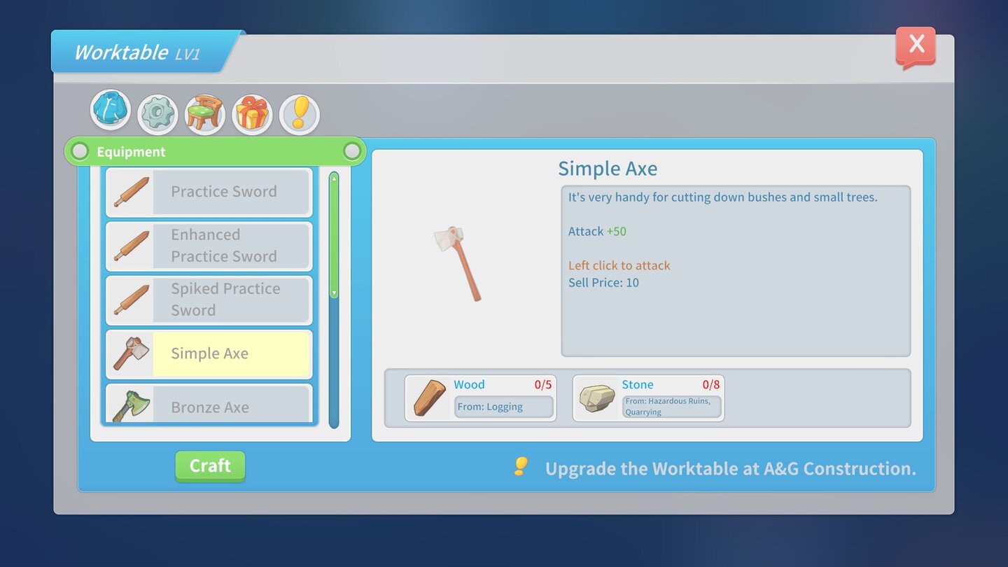 An unserer Werkbank können wir Ausrüstung wie Äxte oder Steinpickel bauen.
