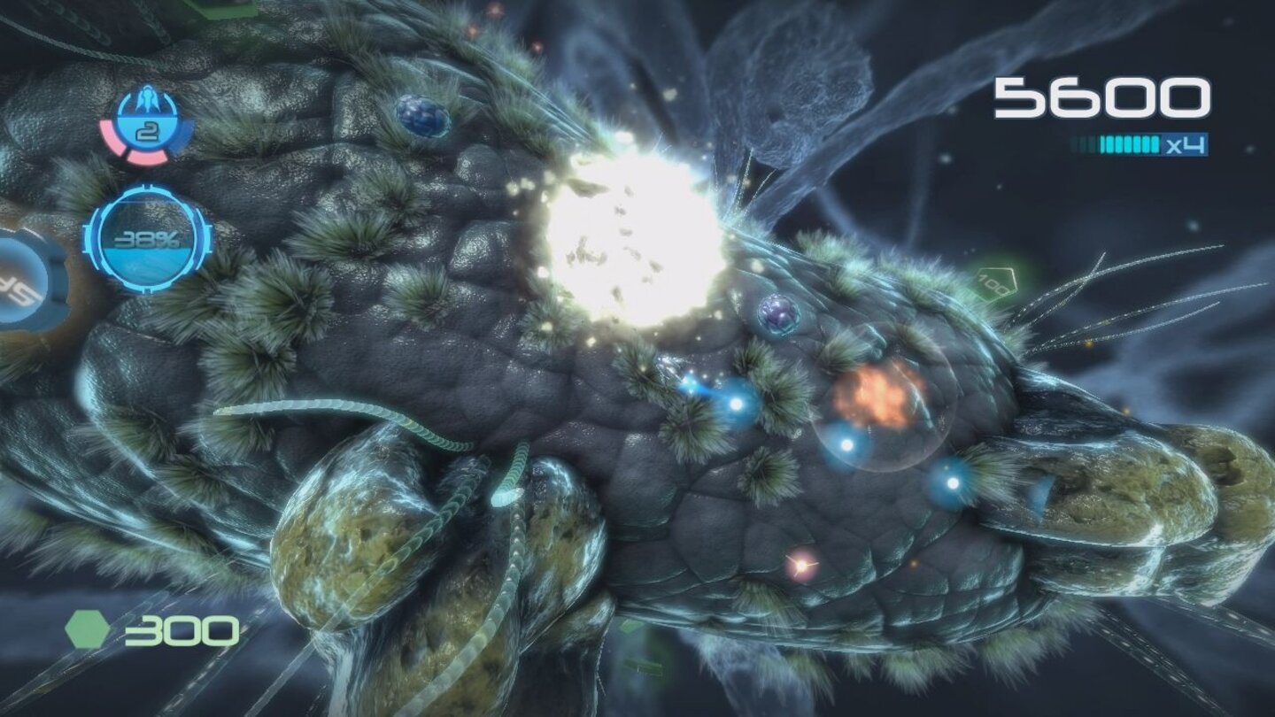 Nano Assault NeoSchon im ersten von insgesamt 16 Levels gehts ordertlich zur Sache und die Gegner explodieren mit einem hübschen Effekt.
