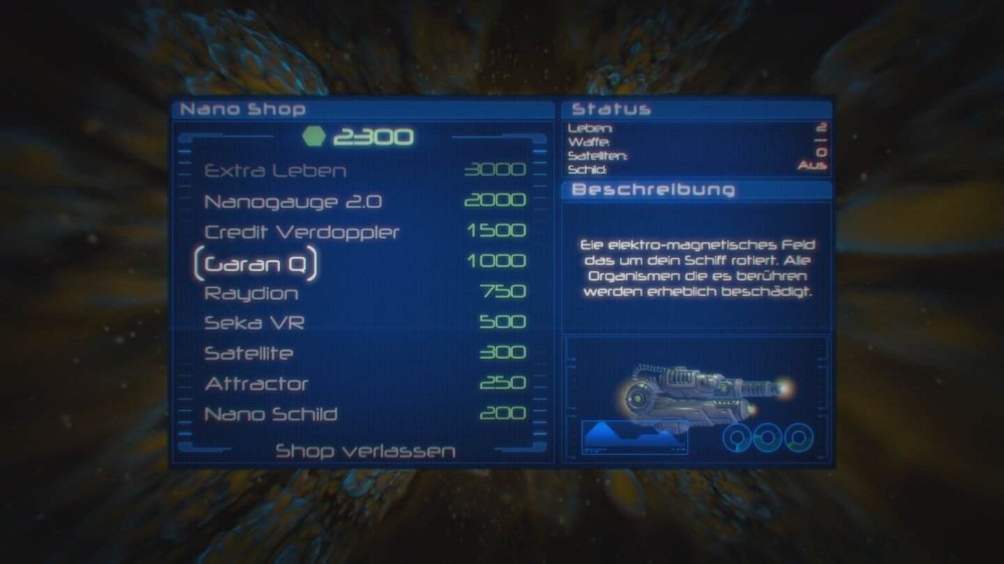 Nano Assault NeoIm Nano Shop könnt ihr euer Schiff nach jedem erfolgreich absolviertem Level upgraden.