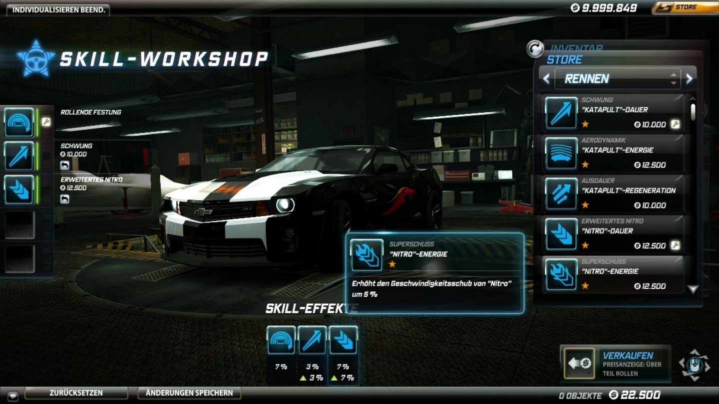 Need for Speed WorldDer Skill-Workshop erlaubt uns, Verbesserungen für unsere Power-Ups, wie erhöhten Geschwindigkeitsschub bei der Benutzung von Nitro einzubauen.