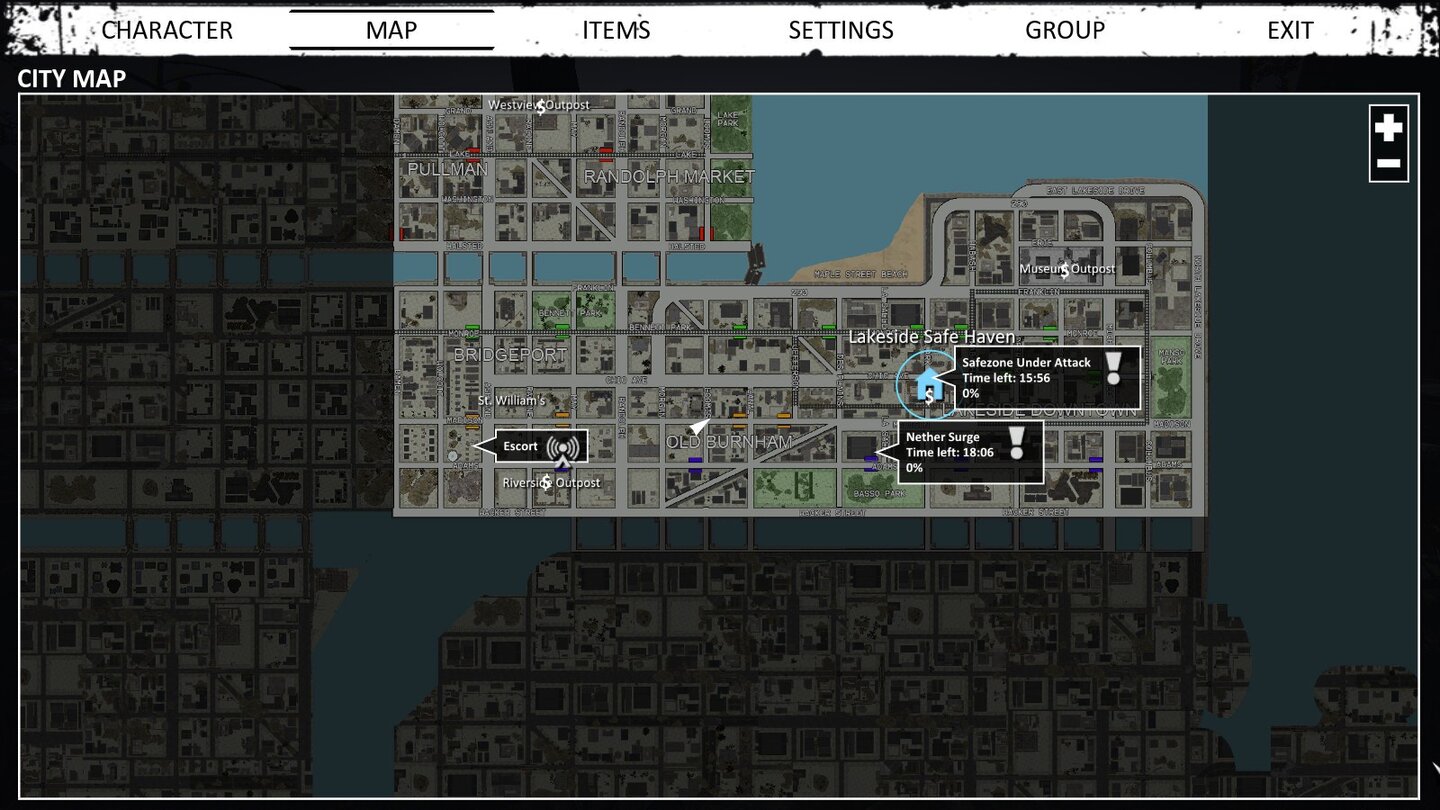 NetherEine Karte der Spielwelt ist jederzeit im Spiel aufrufbar und zeigt sowohl die eigene als auch die Position globaler Events und der Safe-Zone an.