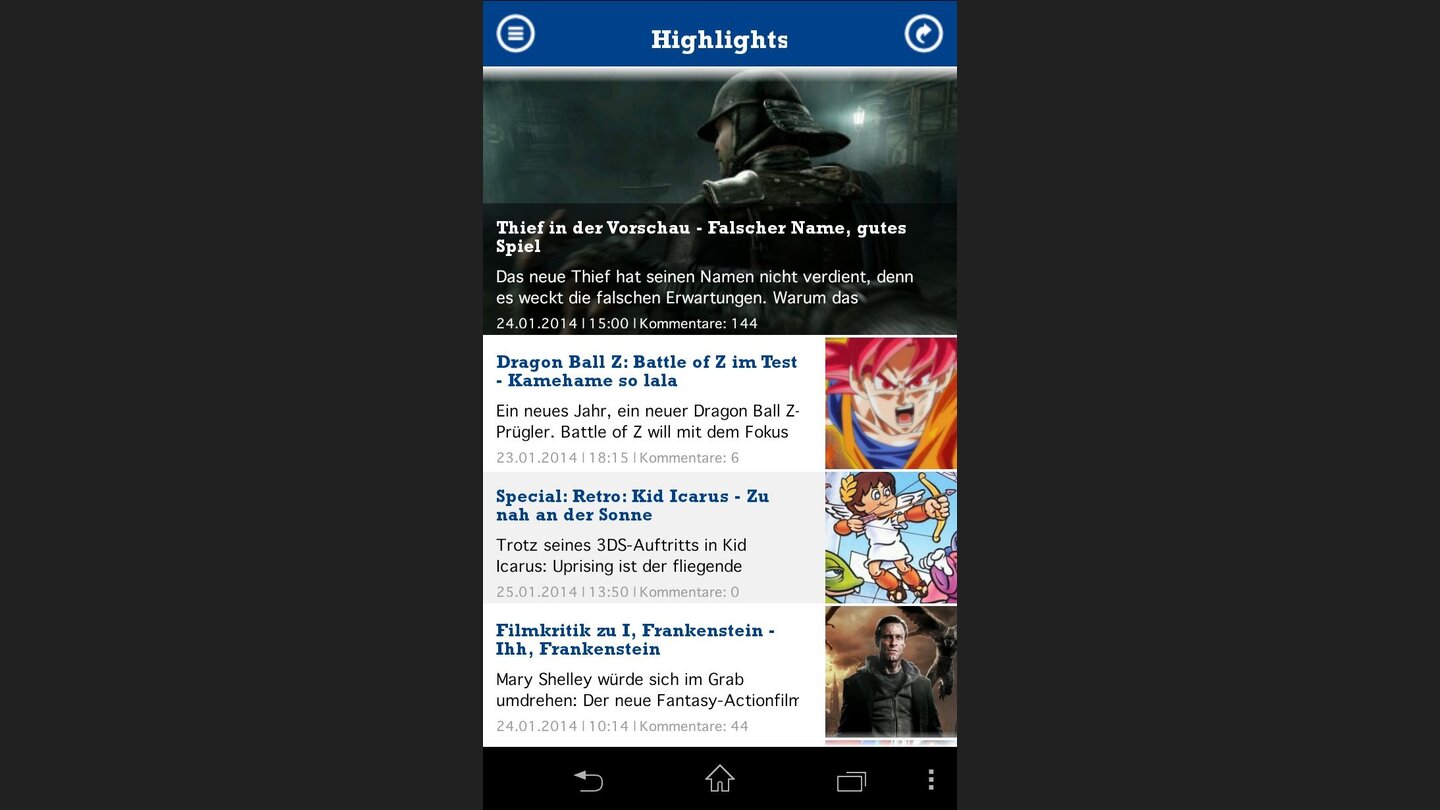 Neue GamePro-AppGleich nach dem Start der App zeigt sie die zehn wichtigsten aktuellen Meldungen in der Highlight-Ansicht an.