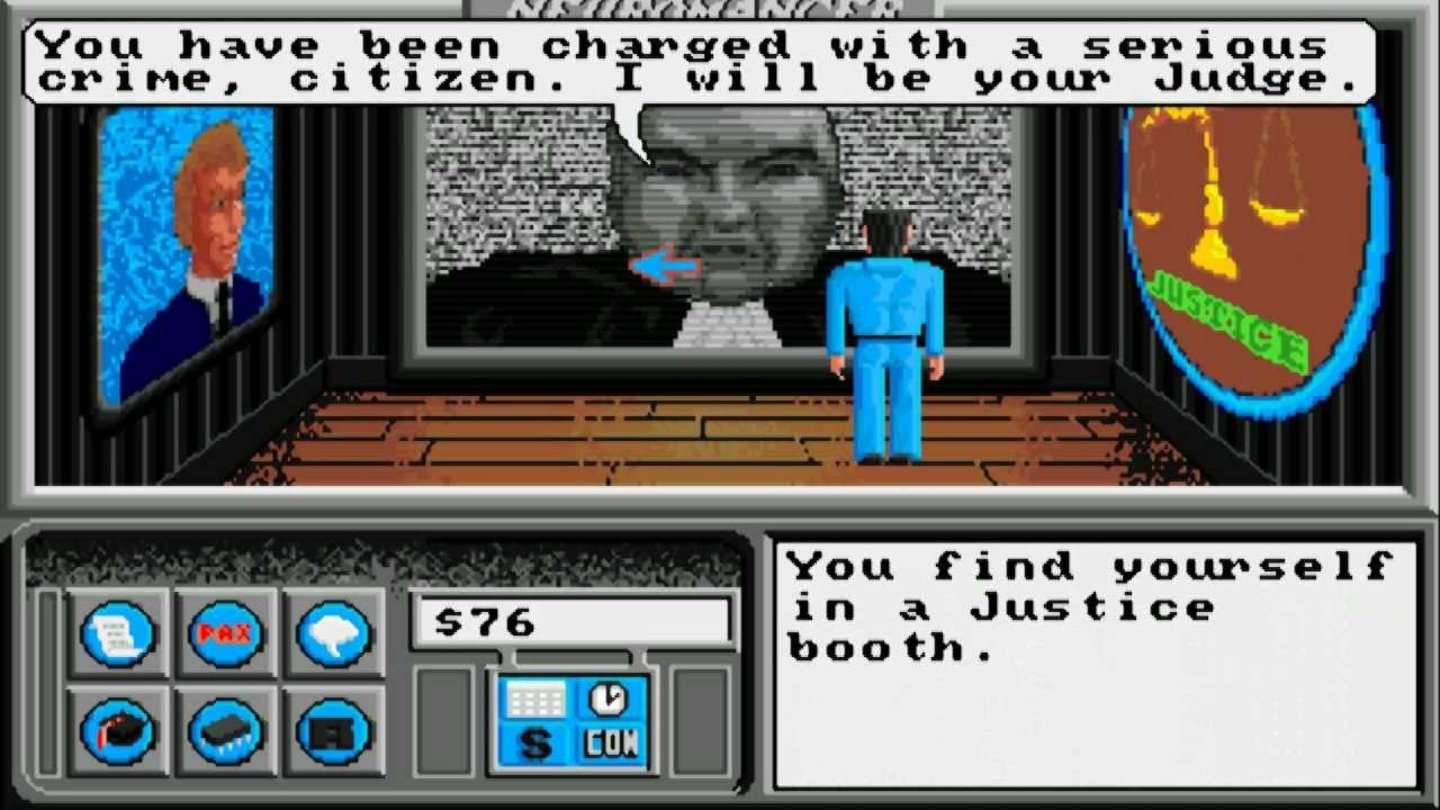 NeuromancerDas Adventure Neuromancer wird 1988 für Amiga, Apple II, Commodore 64 und DOS veröffentlicht. Der Spieler begibt sich hier in die Cyberpunk-Welt des gleichnamigen Romans. Dessen Autor William Gibson gilt gewissermaßen als Erfinder des Genres. Im Spiel trifft der Held auf die manipulative KI Neuromancer, für die er feindliche KIs im Cyberspace vernichten soll. Abseits der virtuellen Welt muss er mithilfe des klassischen Adventure-Gameplays das mysteriöse Verschwinden seiner Freunde aufklären.