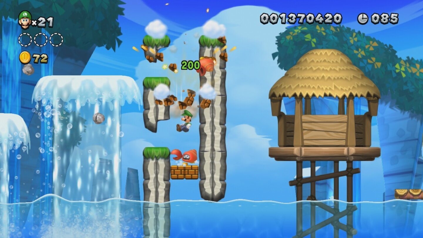 New Super Luigi UArschbombe! Auf dem Weg ins Wasser nimmt Luigi noch ein paar gemeine Krabben mit.