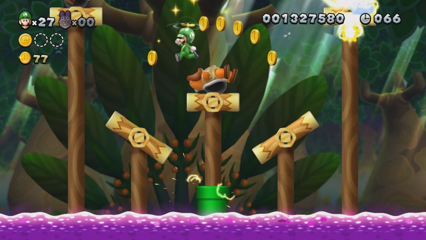 New Super Luigi UMit dem praktischen Propellerhelm stellt das giftige Wasser keine allzu große Gefahr mehr dar.