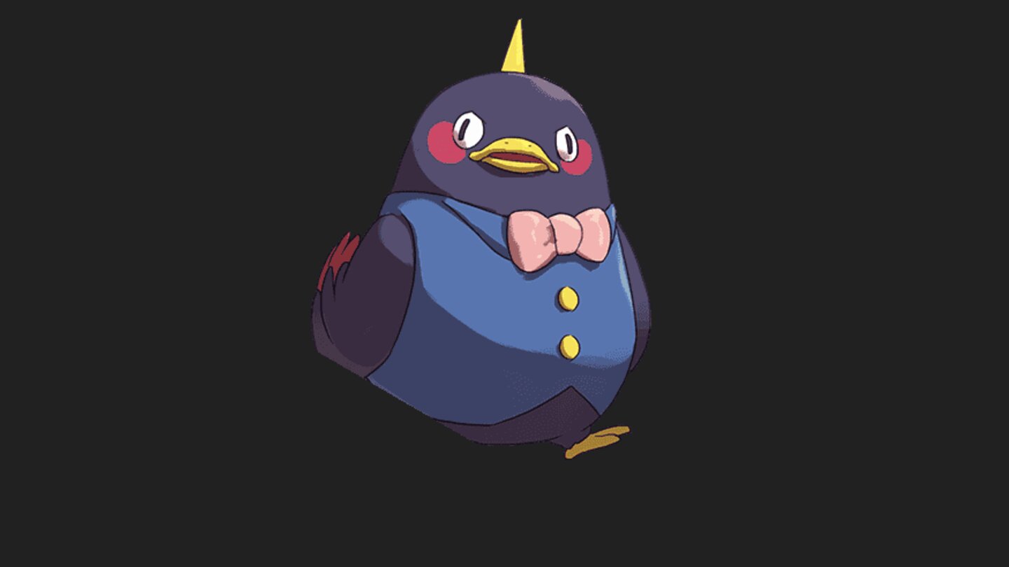 Pinguhorn: Dieser Vertraute sieht aus wie eine Mischung aus einer Quietscheente und einem Pinguin mit Horn. Er trägt edlen Zwirn und ist ein hilfsbereiter Gentleman.