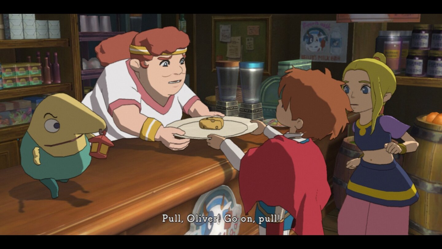 Ni no Kuni: Der Fluch der weißen KöniginMitbringsel aus einer anderen Welt: Mit dem Käse aus Olivers Heimat geht’s zurück in die Anderswelt, wo eine hungrige Herrscherin wartet.