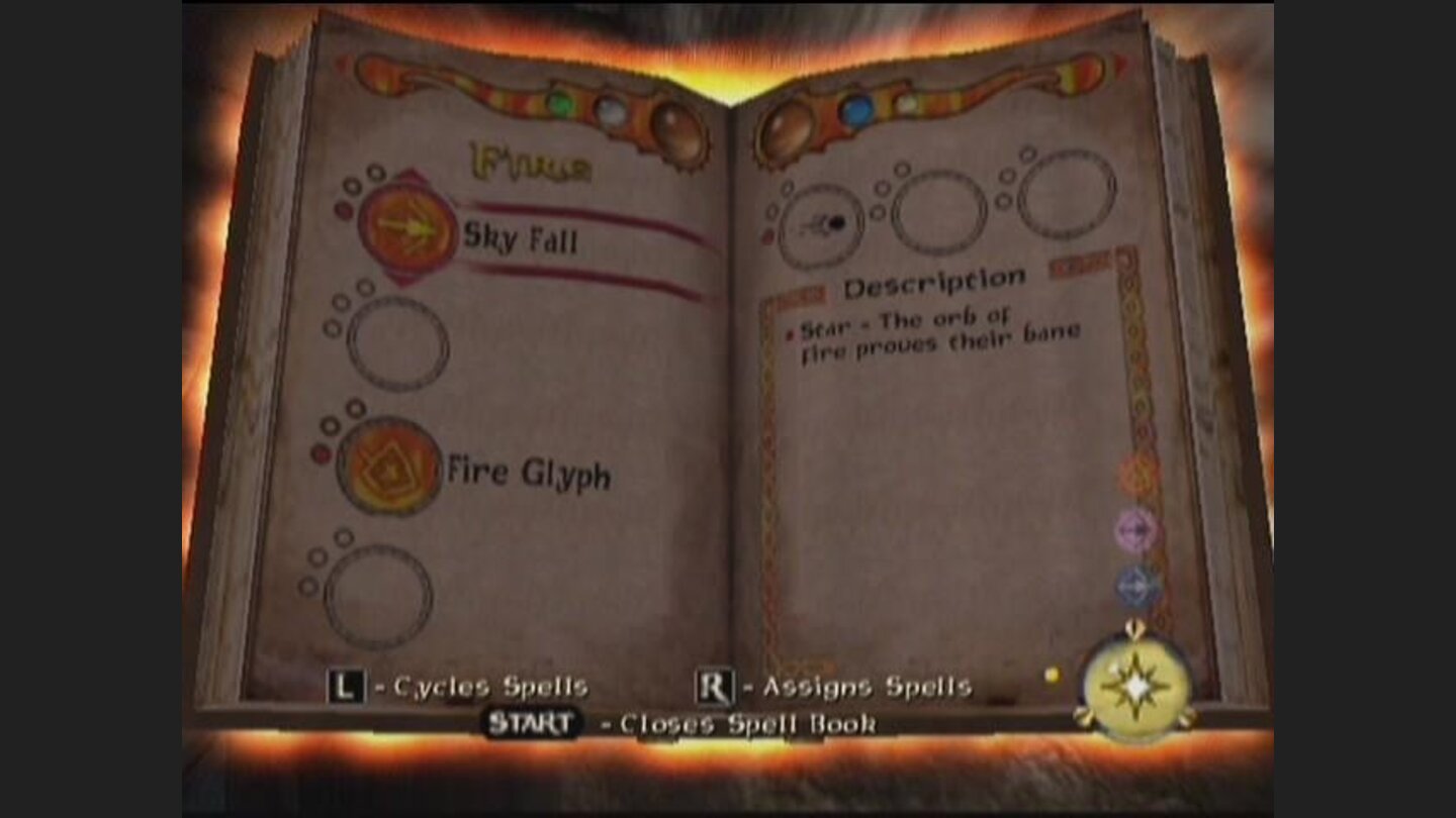 This is the Fire page of your spell book. As you progress you will gain additional spells and attacks.