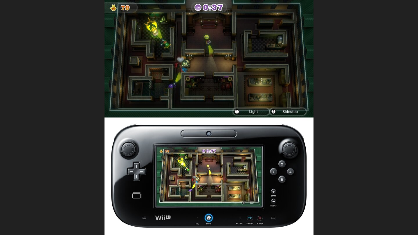 Nintendo LandAls Monster sind wir in Luigis Mansion unsichtbar. Nur die herumlaufenden Luigis können uns mit der Taschenlampe etwas anhaben.