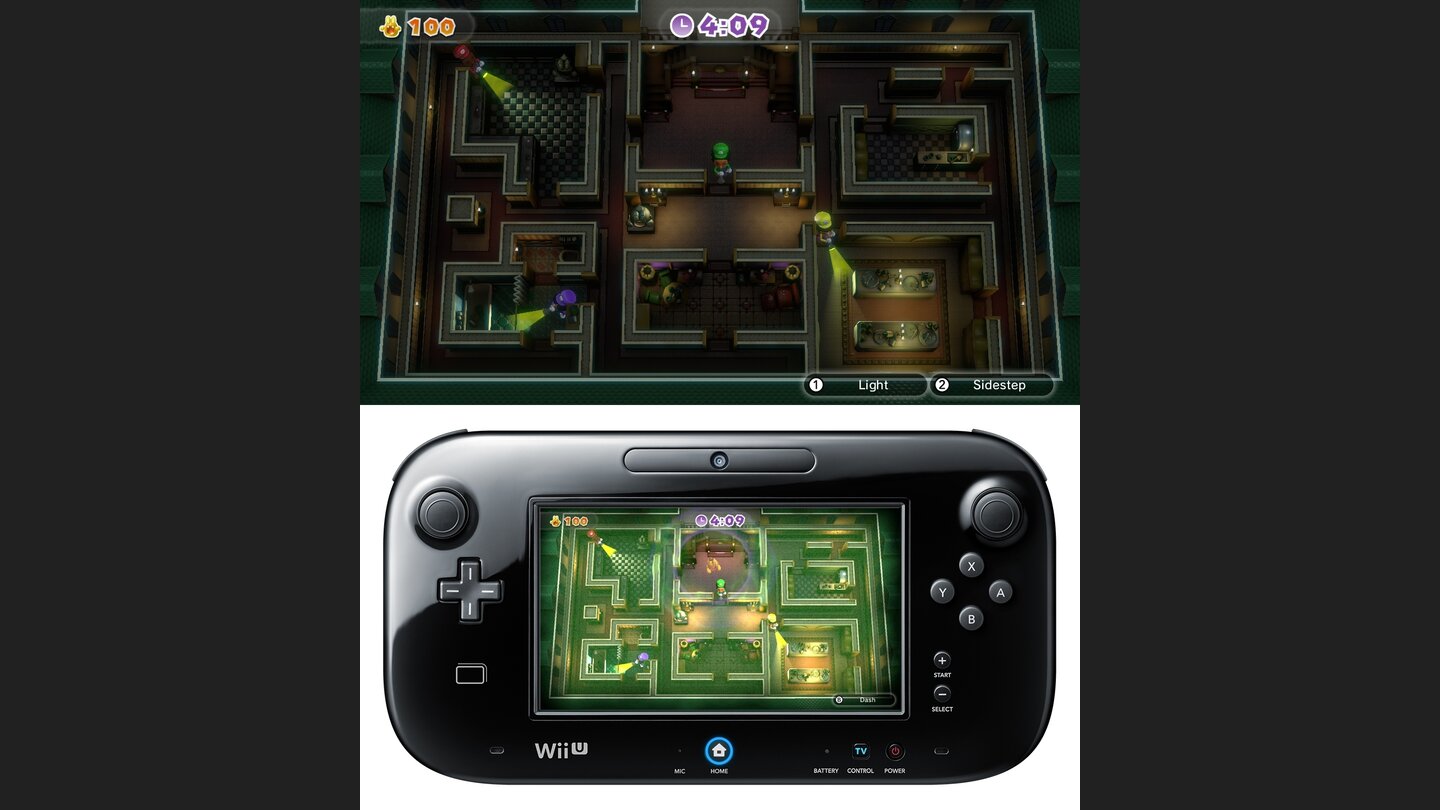 Nintendo LandLuigis Geistersuche gehört zu den unterhaltsamsten Spielen von Nintendo Land: Einer steuert den Geist, der Rest muss diesen mit der Taschenlampe finden und sichtbar machen.