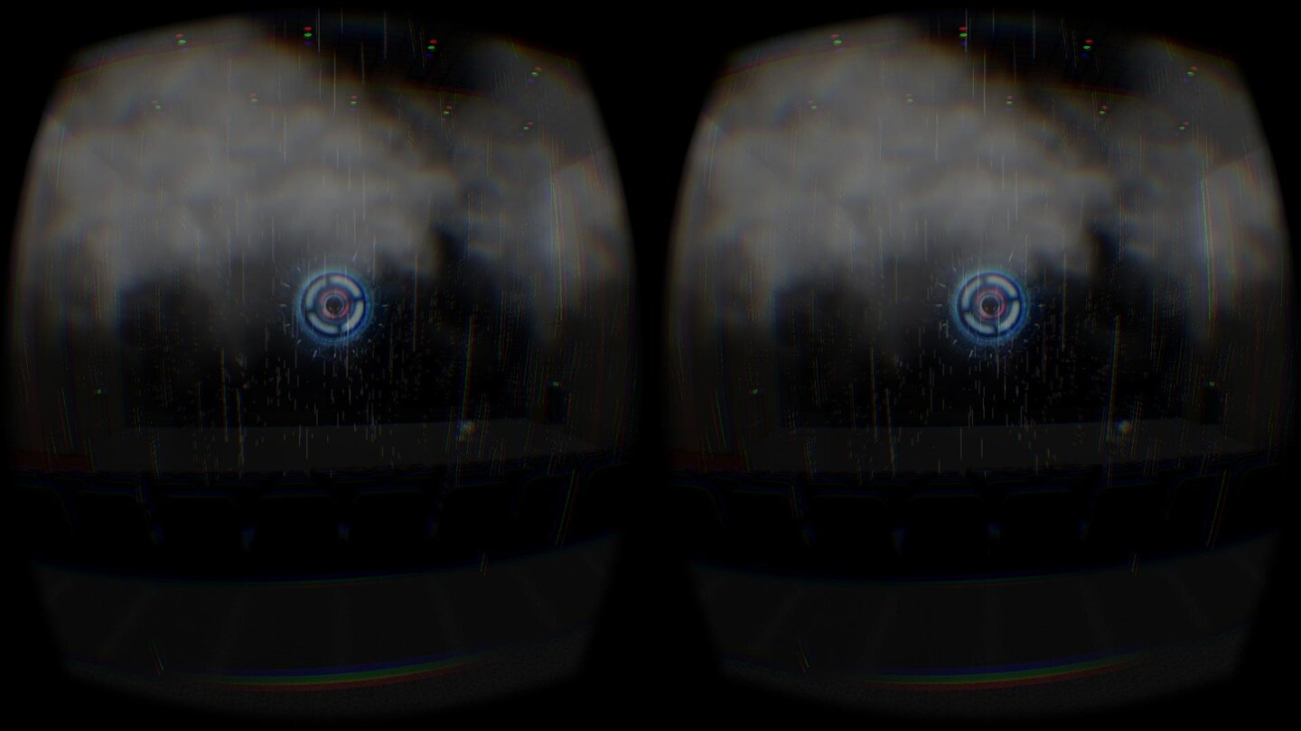 Im virtuellen Kino »Riftmax« für die Oculus Rift DK2 können wir bestimmen welche Filme auf der Leinwand laufen, es mitten im Saal regnen lassen und andere Spieler in unser Kino einladen.
