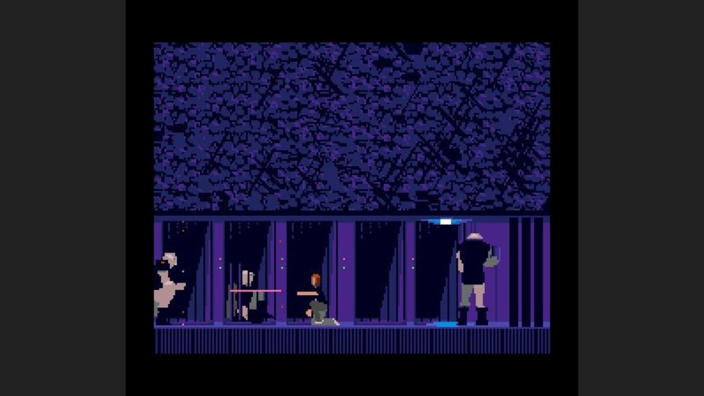Lester protects himself with an energy shield during a gunfight with an alien guard.