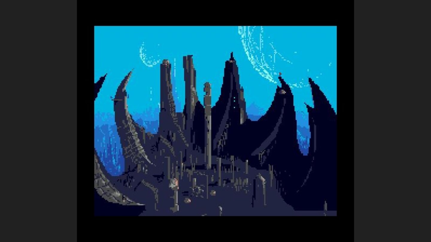 The alien cityscape, as seen through a window at the top of the prison block.