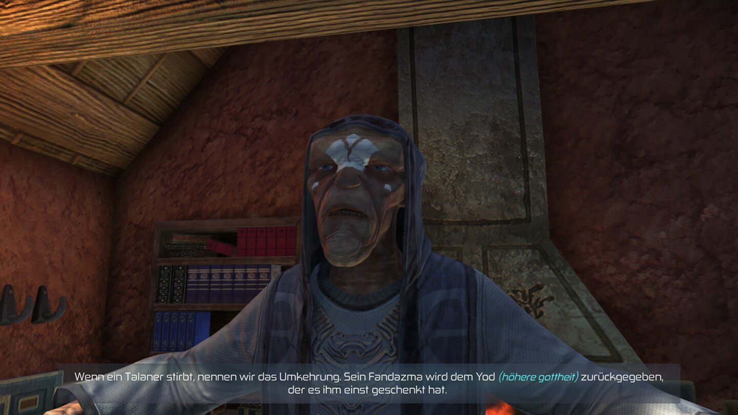 Outcast: Second ContactDa in den Dialogen viele komplizierte Begriffe vorkommen, stehen hilfreiche Erklärungen daneben.