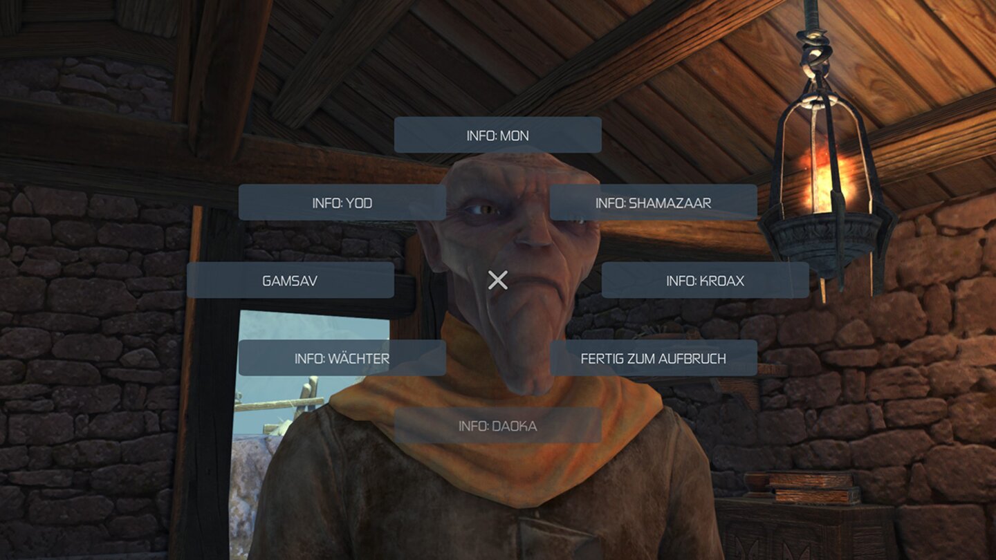 Outcast: Second ContactIn Dialogen stehen uns haufenweise Fragen nach Kultur und Persönlichkeiten der Talaner zur Verfügung.