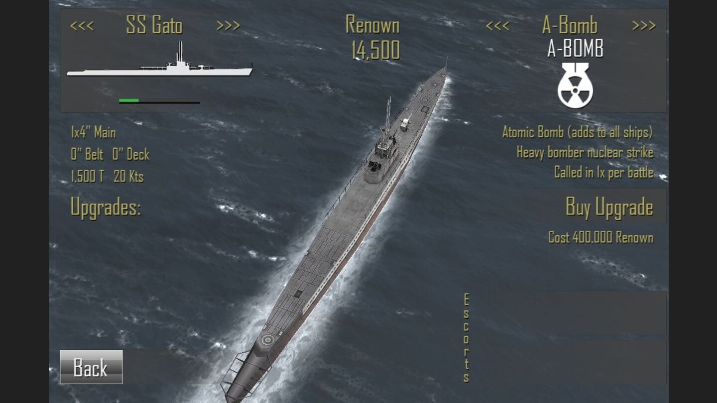 Pacific FleetNach den ersten versenkten Schiffen kann man einige wichtige Upgrades vornehmen. Die Ausrüstung für die Schiffe ist sehr vielfältig und reicht sogar bis zur Atombombe.