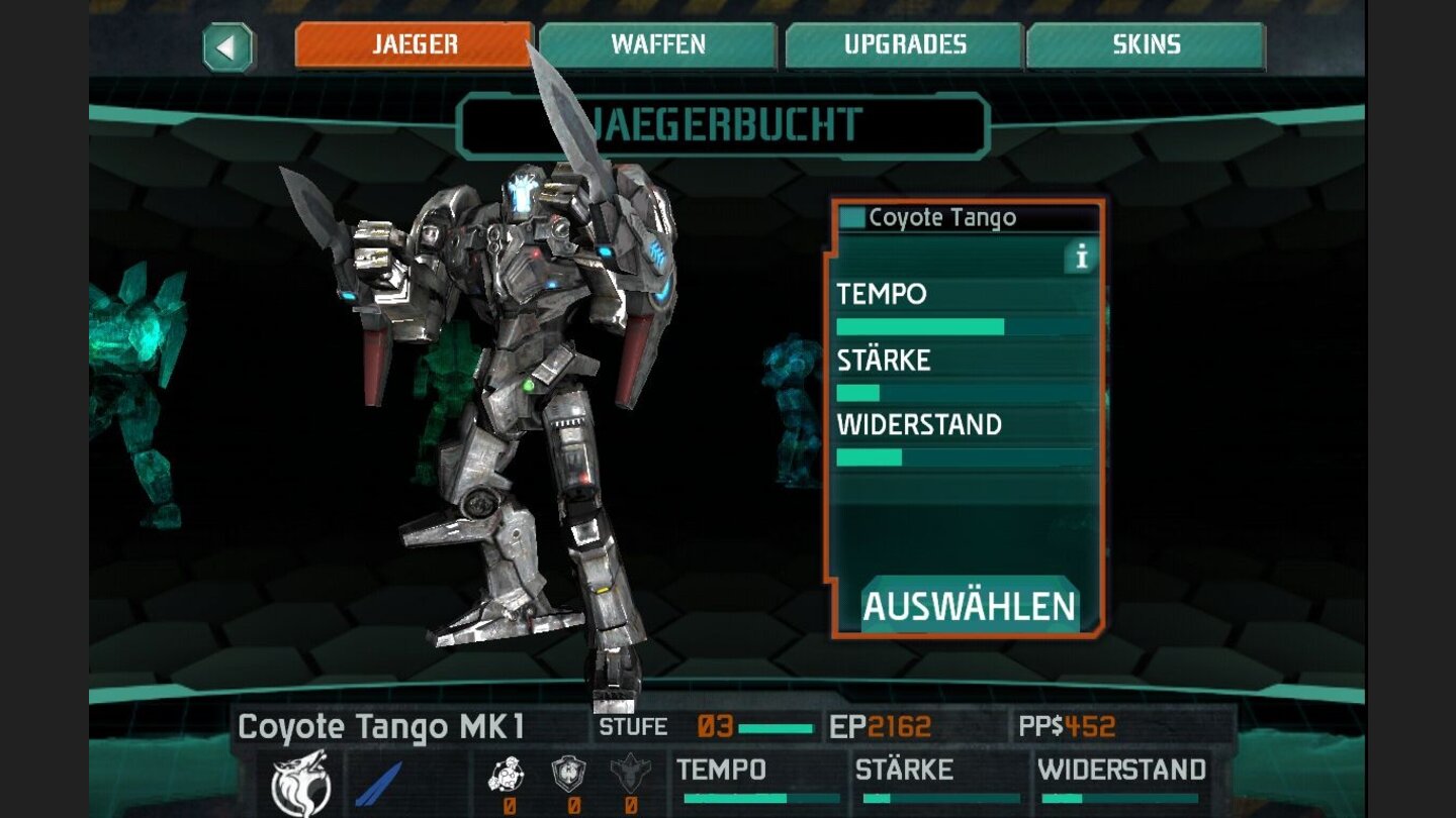 Pacific RimIn der »Jägerbucht« können wir neue Mechs kaufen und vielfältig aufrüsten.