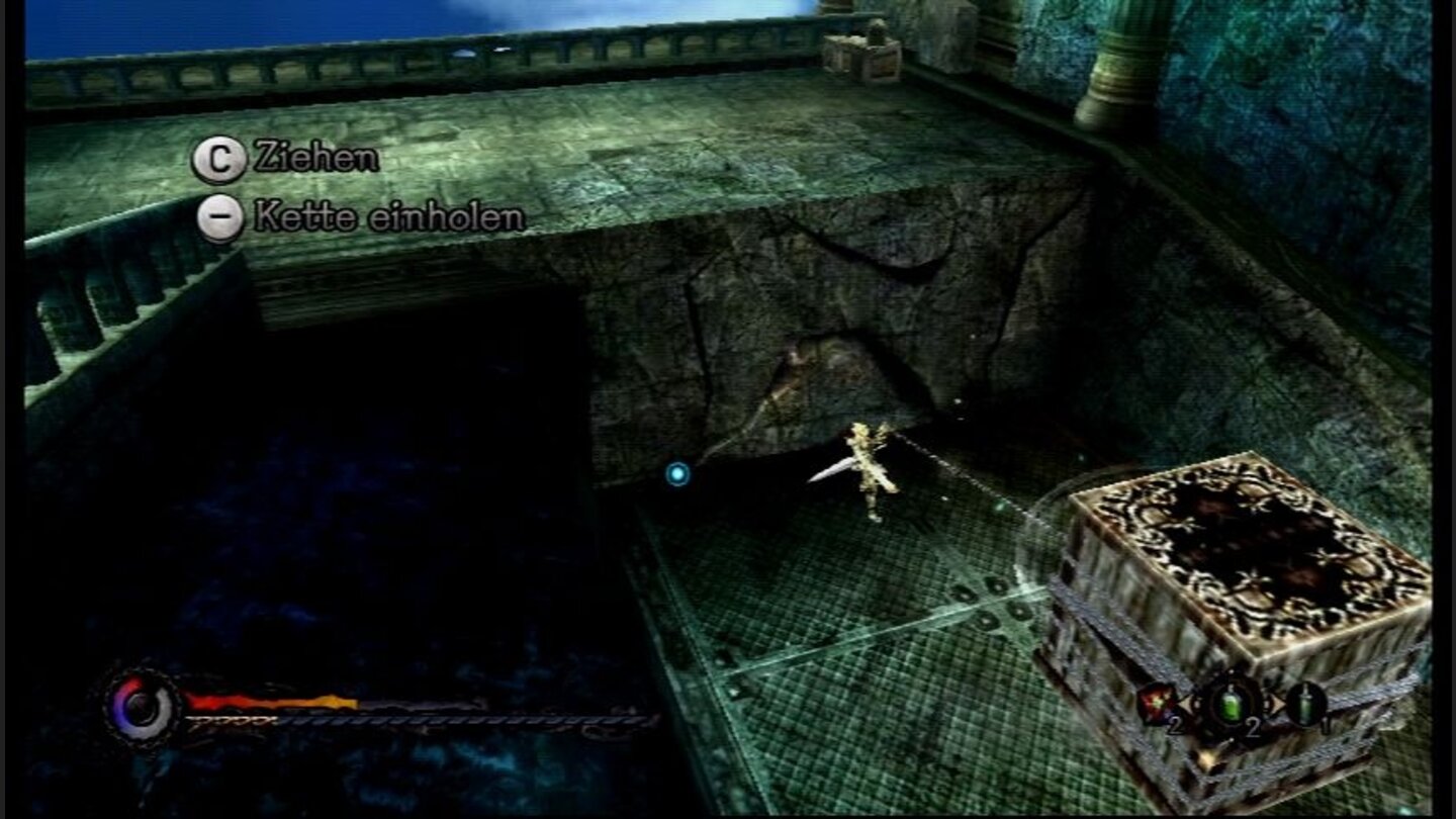 Pandoras TowerWo Link aus der Zelda-Serie seine Kisten schiebt, nutzt Aeron die Kette, um die Box zu bewegen.