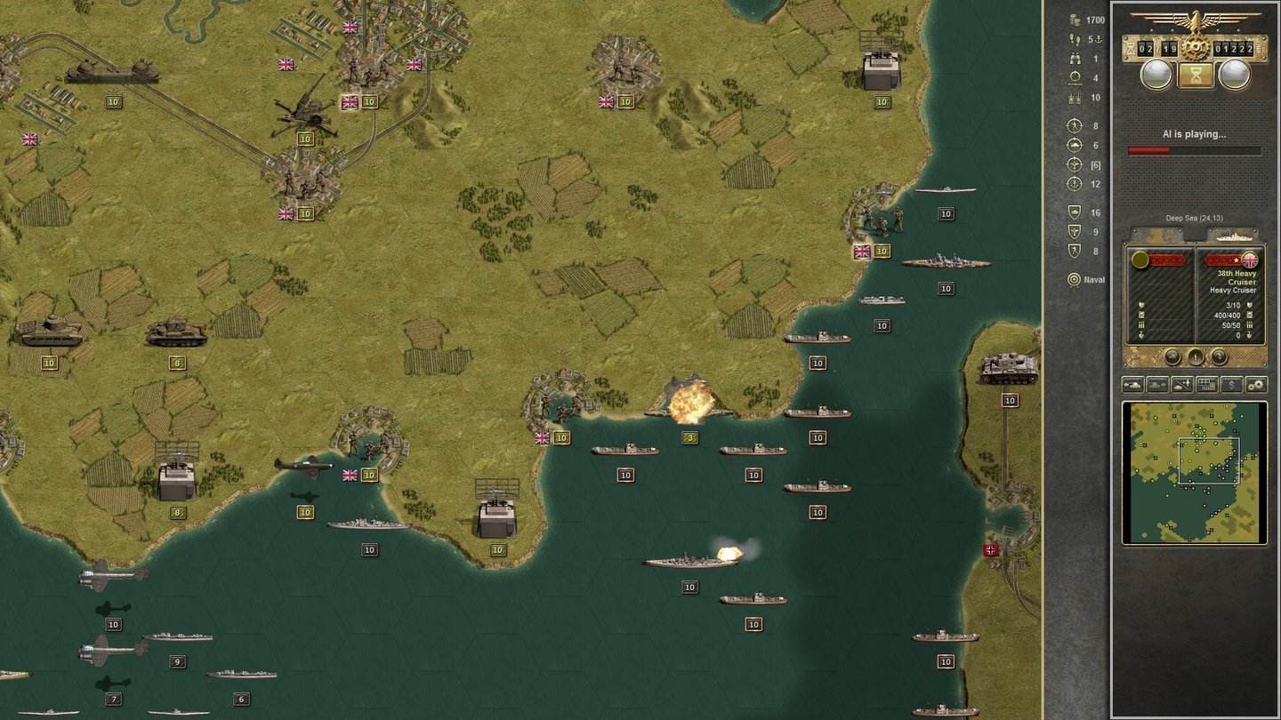 Panzer CorpsSchlachtschiffe eignen sich prima, um Küstenstellungen zu bombardieren.