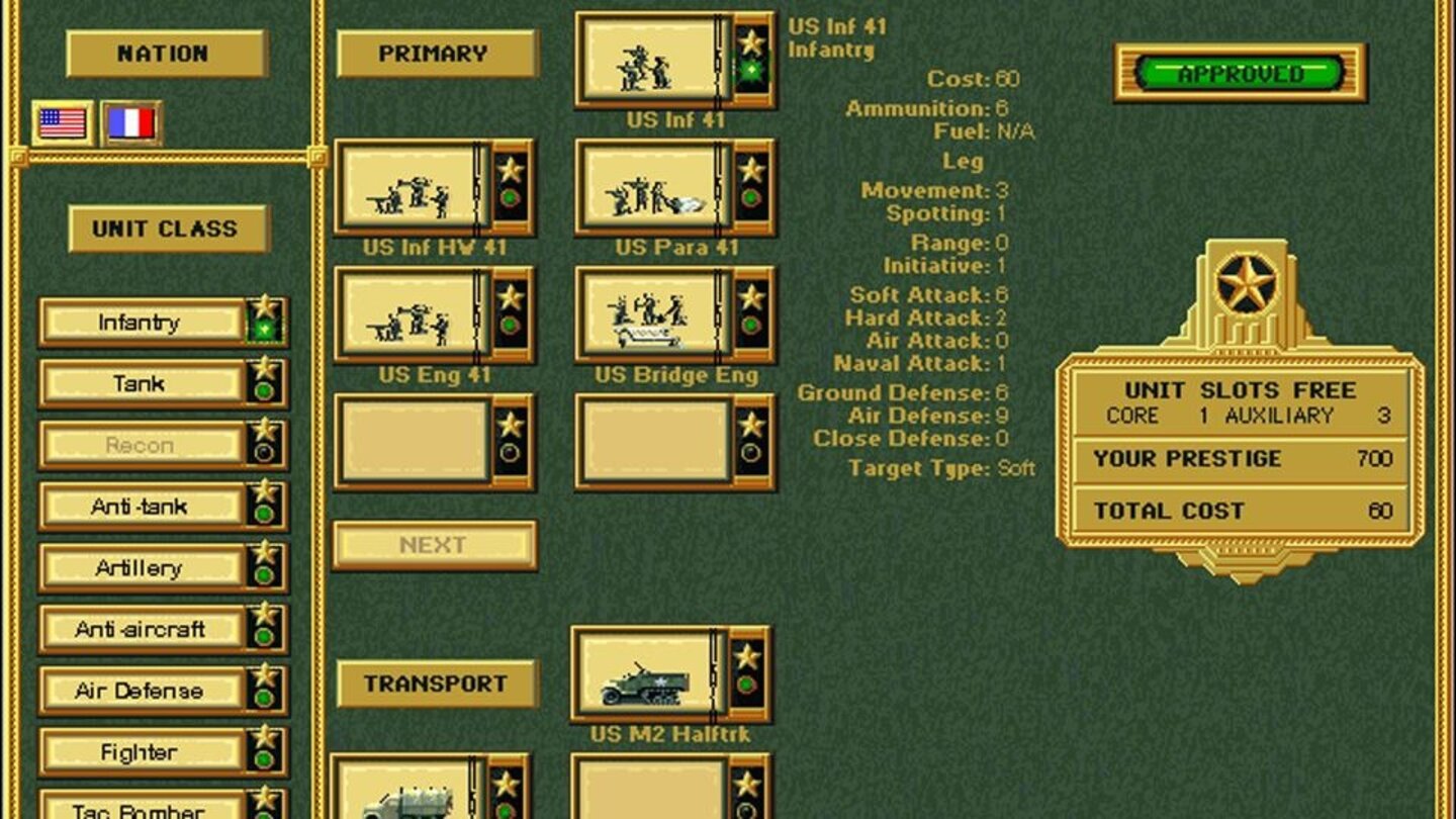 Panzer General 2 (1995) Wie im Vorgänger können Sie Einheiten durch bessere Modelle ersetzen oder spezialisieren. Infanterie lässt sich beispielsweise in Brückenpioniere, Gebirgs- oder Fallschirmjäger umwandeln, um auch schwer zugängliches Gelände zu erreichen.