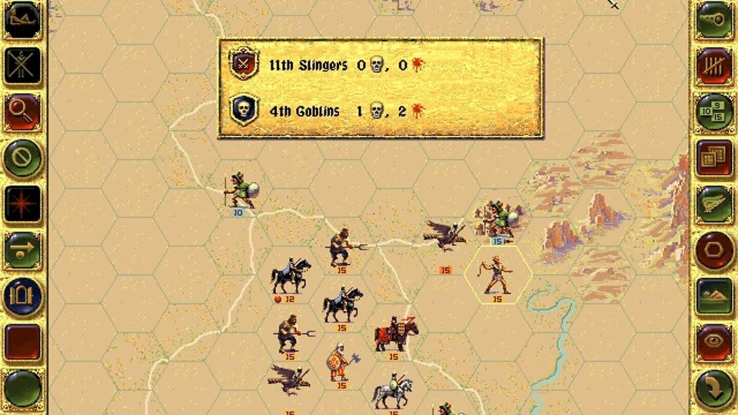 Fantasy General (1996) Das Spielprinzip bleibt gleich – wir müssen Fern- und Nahkämpfer sowie »Luftwaffe« geschickt kombinieren, um Gegner aus Städten, Tempeln und so weiter zu verjagen. Kampfergebnisse gibt’s leider nur als simplen Text, nicht mehr mit eigenen Animationen.
