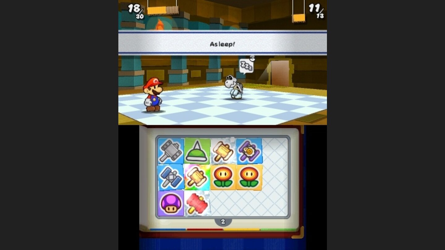 Paper Mario: Sticker StarMit einem Schafhammer könnt ihr eure Gegner kurzzeitig in Schlaf versetzen.