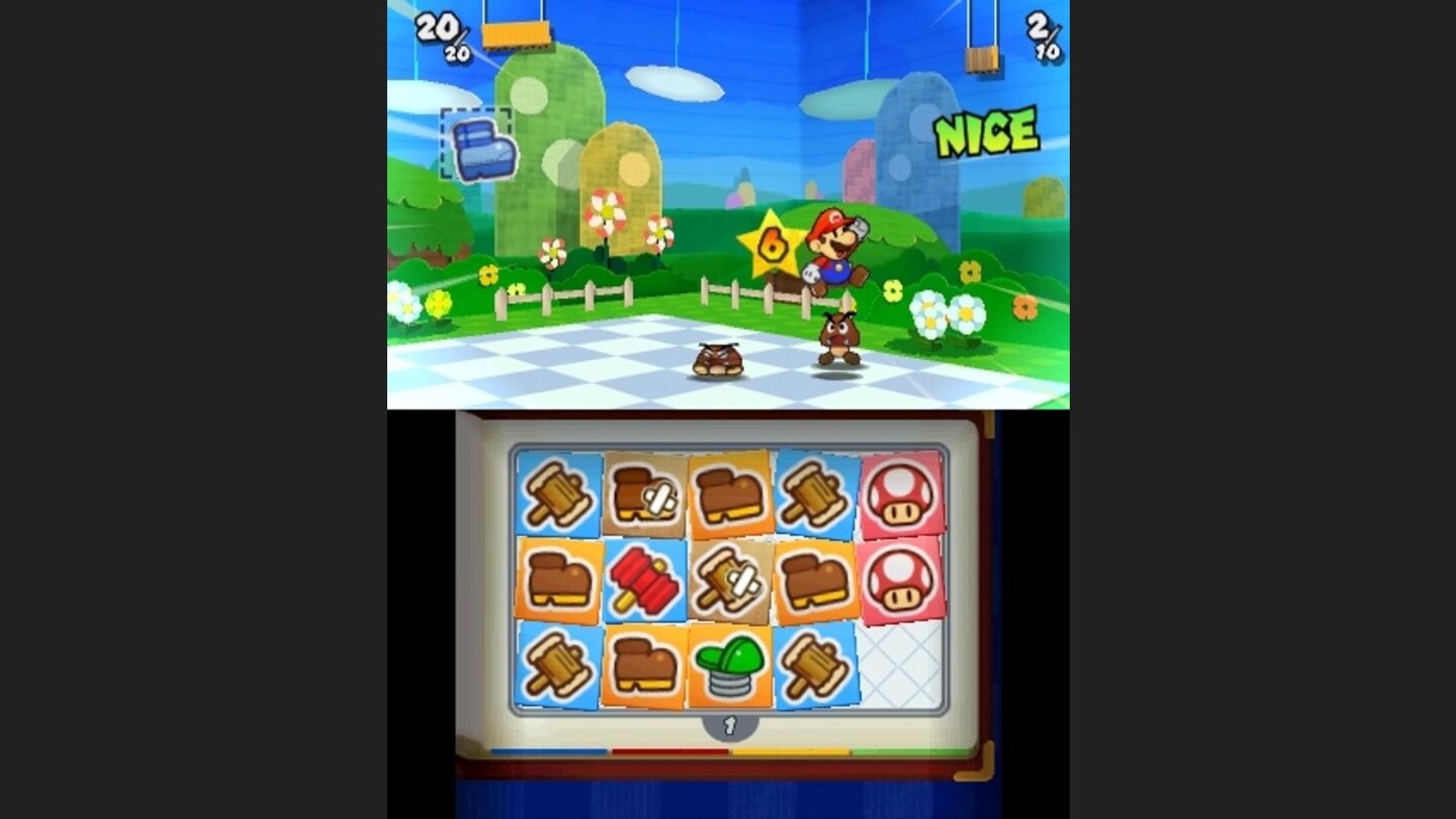 Paper Mario: Sticker StarGumbas auf dem Kopf rum hüpfen will richtig getimed sein, damit man mehr Schaden anrichtet.