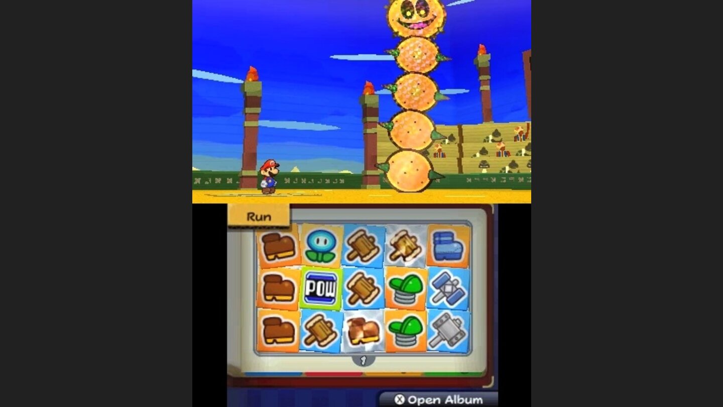 Paper Mario: Sticker StarDer »GLitzergigant-Pokey« wartet auf der Spitze eines ägyptisch anmutenden Turm auf uns. Am besten zieht man gleich den Baseballschläger-Sticker raus!