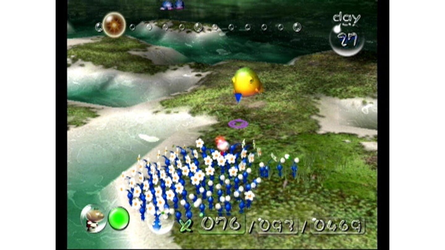 Pikmin getting ready to fight a hopping frog