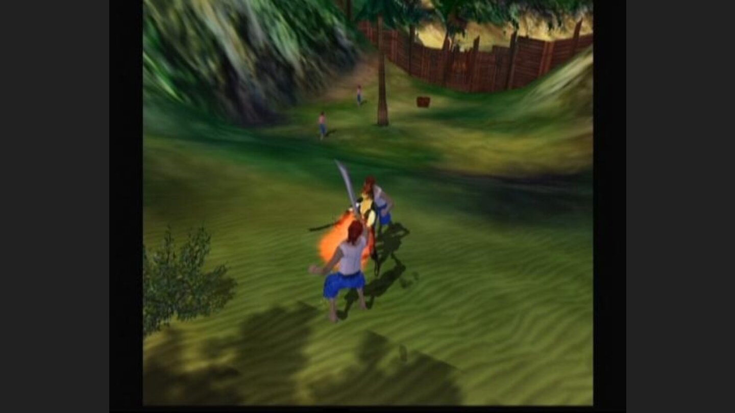 Performing special sword attack against two pirates.