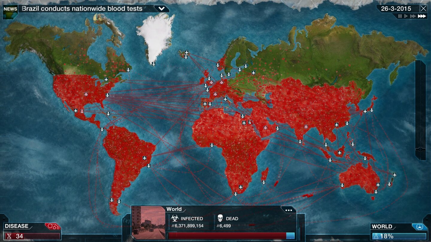 Plague Inc: EvolvedWir haben die Südhalbkugel infiziert, nur Kanada, Skandinavien und Russland macht uns noch zu schaffen. Zeit, eine Kälteresistenz zu entwickeln.