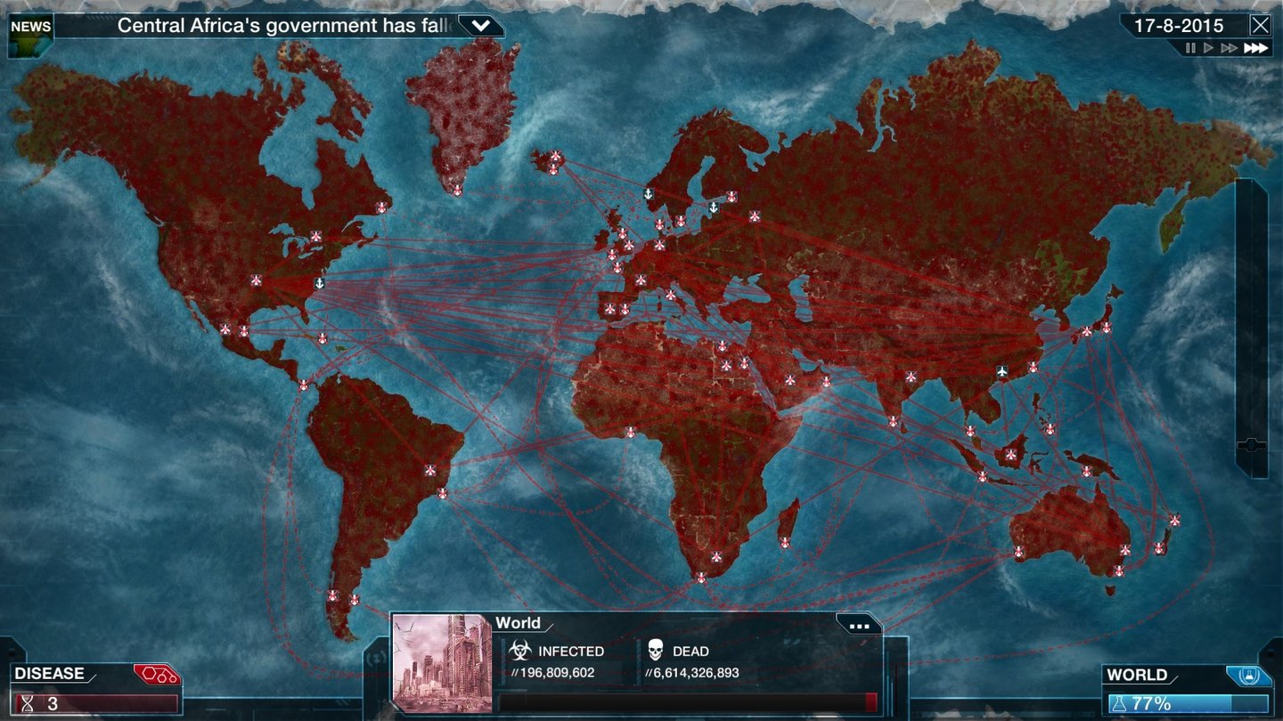 Plague Inc: EvolvedVon Hellrot zu einem dunklen rotbraun Ton: Wir haben die Weltbevölkerung fast ausgelöscht