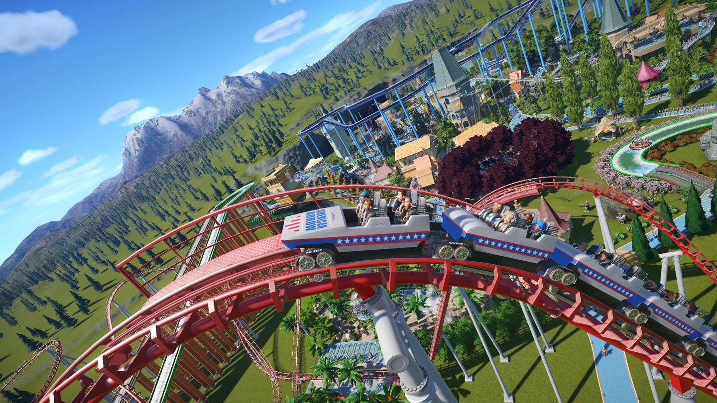 Planet CoasterAchterbahn in schwindelerregender Höhe über einem wuseligen, faszinierenden Freizeitpark: Planet Coaster bietet viel fürs Auge!