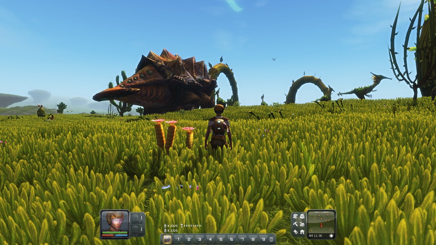 Planet ExplorersMaria bietet auch atemberaubende Megafauna wie diesen dicken Kollegen hier. Insgesamt sieht der Planet aus wie eine Mischung aus Pandora (aus Avatar) und einem hausbackenen Online-RPG.
