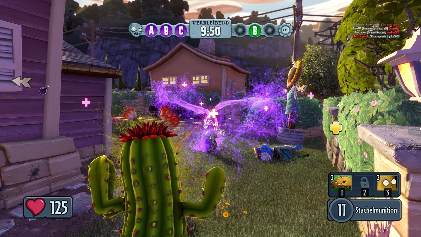 Plants vs. Zombies: Garden WarfareIm Spielmodus »Gartenzwergbombe« müssen wir drei Stationen unserer Rivalen in die Luft jagen. Vor der Bombenlegung räumen wir mit unserer Kaktee schon mal eine der Zombie-Heilstationen aus dem Weg.