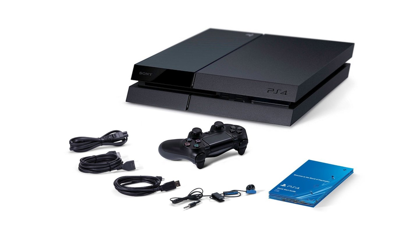 PlayStation 4Das steckt alles im Karton: Die Konsole, Netzkabel, Headset, HDMI-Kabel, USB-Ladekabel, Controller, Handbuch