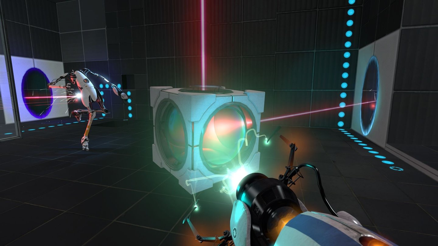 Portal 2Von hinten durch’s Portal in den Rücken. Aus Versehen lenken wir den Laser auf P-body.