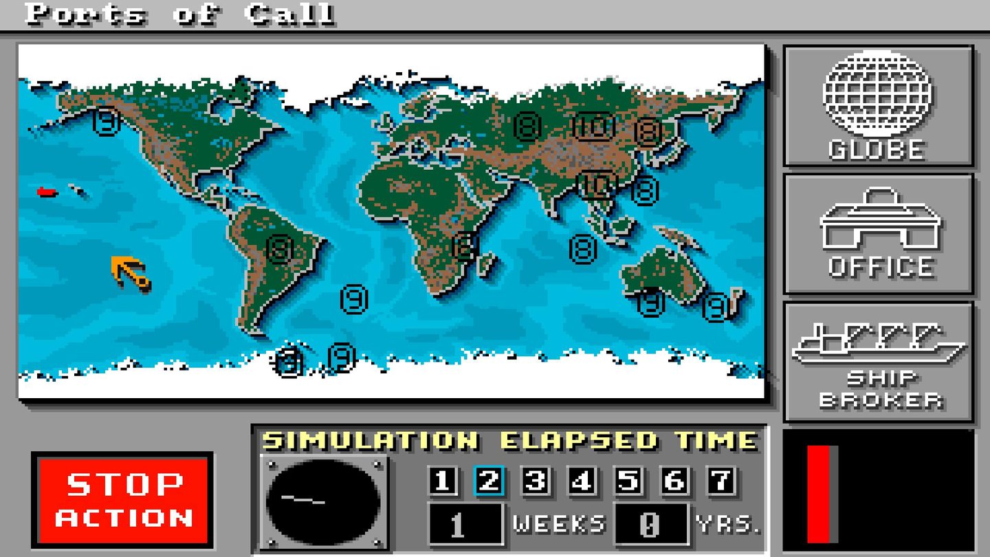 Platz 11: Ports of Call simuliert die Handelswege auf dieser Weltkarte. Wir haben unser erstes Schiff Titanic genannt und Pearl Harbor als Heimathafen gewählt. Mal sehen, wie das endet.