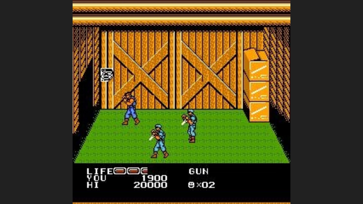 Inside a hut, new weapon powerup on the left.