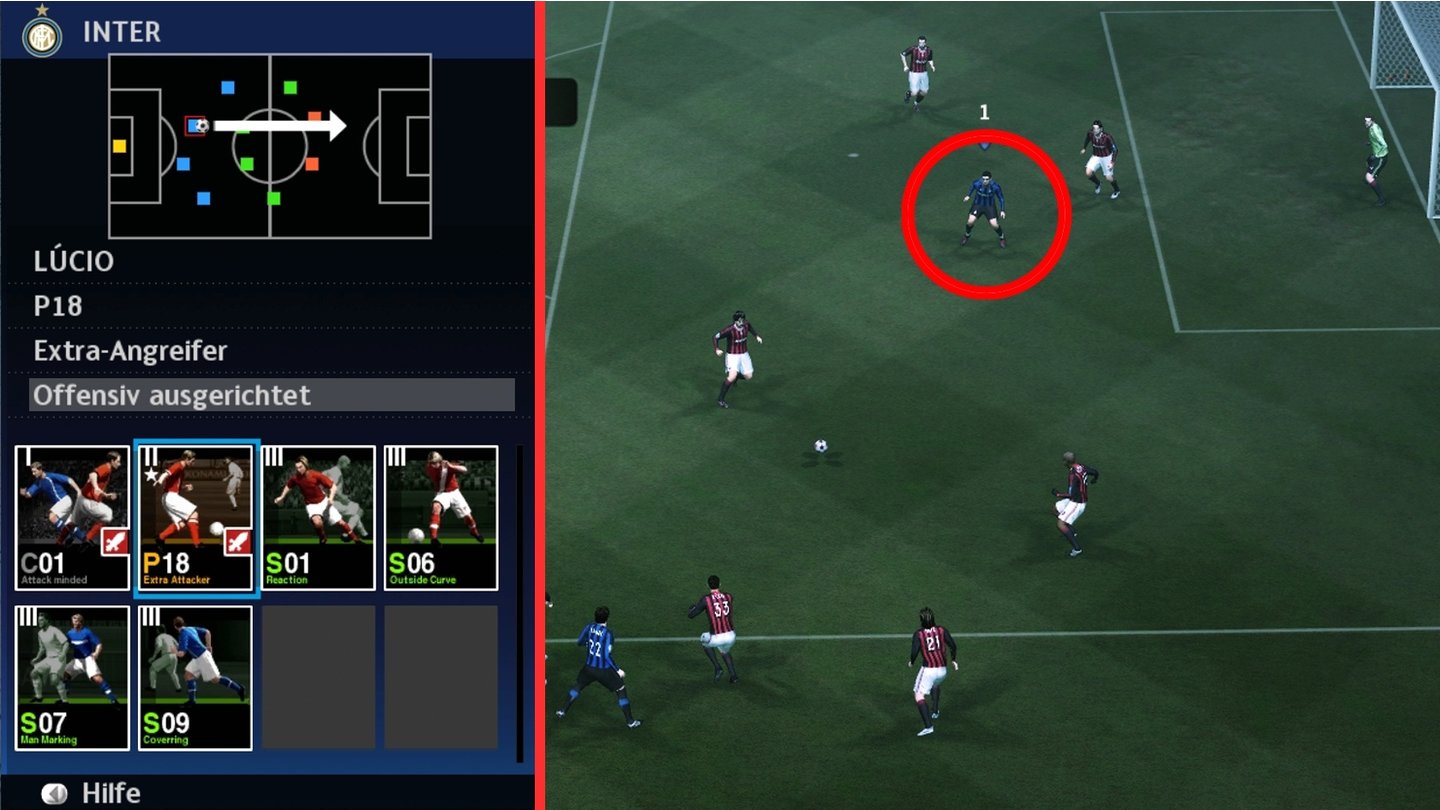 Pro Evolution Soccer 2010Weil Lúcio (Kreis) über die Fähigkeit »Extra-Angreifer« verfügt, stürmt er mit in den Strafraum.