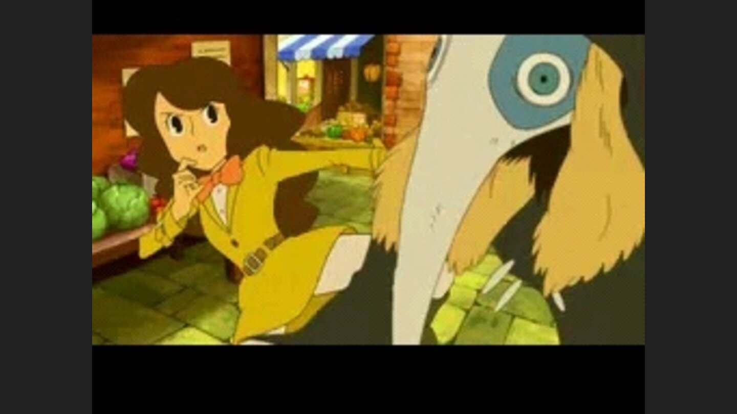 Professor Layton und der Ruf des PhantomsIn einer der netten Zwischensequenzen attackiert Laytons Assistentin Emmy ein merkwürdiges Rabenwesen.