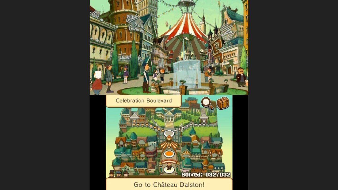 Professor Layton und die Maske der WunderDie Karte auf dem unteren Bildschirm hilft uns die Stadt zu erkunden.
