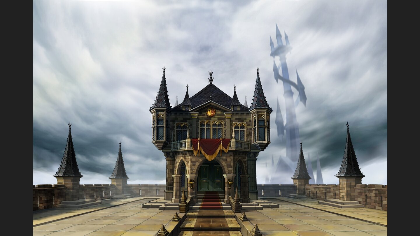 Layton vs. Wright: - Artworks… der ominöse Turm im Hintergrund jedoch sollte uns zu denken geben.